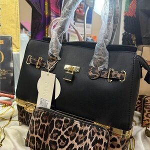 Women's Black Satchel Handbag with Leopard Trim and Matching Pouch